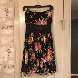 Strapless floral dress with see through black lace